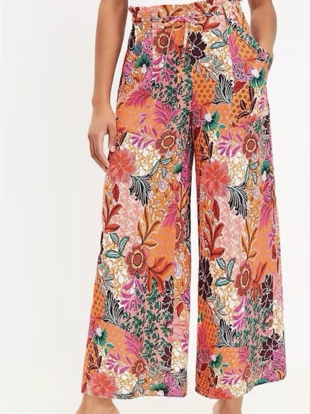 Loft Boho Floral Linen Blend Wide-Leg Pants — Orange & Pink Patchwork